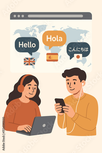 Online language learning concept. People studying foreign languages with app on phone and website on laptop. E-learning, education course, global communication, and translation service. Vector.