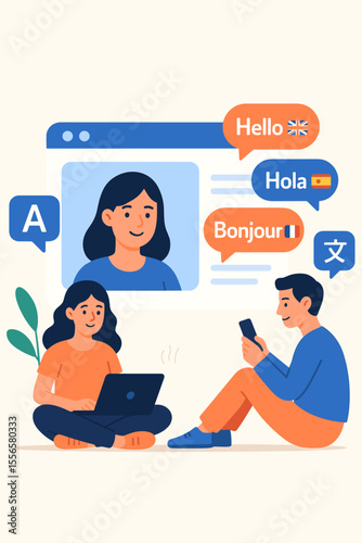 Online language learning vector illustration. Students using laptop and smartphone for distance education. E-learning platform, translation app, and international communication concept.