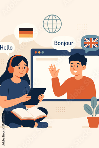 E-learning and language course online vector illustration. Student girl learns foreign languages in a video call. Distance education, global communication, online tutoring webinar concept.