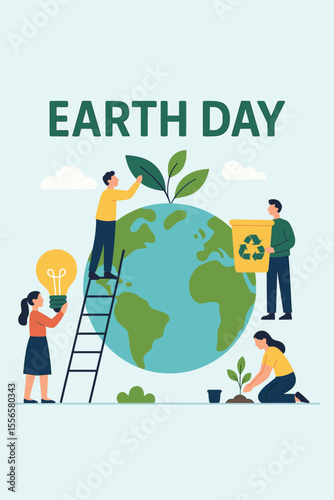Earth Day vector illustration. People caring for the planet. Concept of environmental protection, sustainability, and ecology. Team saving energy, planting trees, and recycling waste.