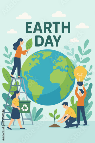 Earth Day vector flat illustration. People saving the planet, recycling waste, planting trees, and conserving energy. Environmental protection and ecology conservation concept poster.
