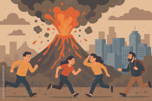 Urban volcanic eruption disaster scene. People running, escaping lava, ash, smoke. City skyline background. Emergency evacuation, natural catastrophe, panic, danger, flat vector illustration concept