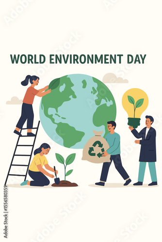 World Environment Day concept. People saving the planet together. Team planting a tree, recycling waste, and promoting green energy. Flat vector ecology and sustainability illustration.