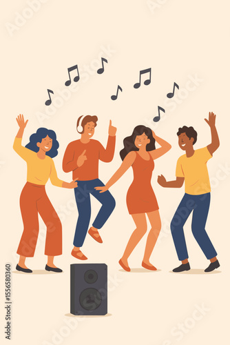 Diverse group of young people dancing together at party, enjoying music, celebrating friendship and fun, flat cartoon vector illustration, modern dance, social event, speaker, musical notes