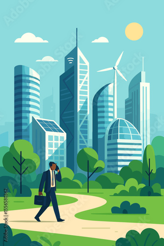 Future smart city vector illustration. Businessman in park. Eco friendly urban landscape. Modern architecture, skyscrapers, solar panels, wind turbine. Sustainable green energy concept.