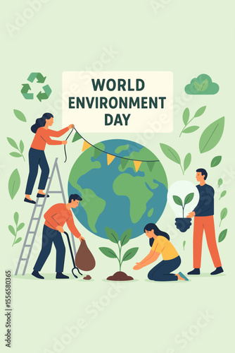 World Environment Day vector concept. Tiny people caring for planet Earth, planting trees, cleaning pollution. Green energy idea, sustainability, ecology, and conservation teamwork.