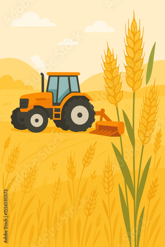 Combine harvester tractor working on a golden wheat field. Agricultural machinery harvesting ripe crops. Rural landscape in autumn harvest season. Modern flat vector cartoon illustration.