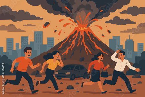Urban volcanic eruption disaster, people running in panic, city evacuation, lava explosion, ash clouds, emergency escape, natural catastrophe, modern flat vector illustration, crisis scene