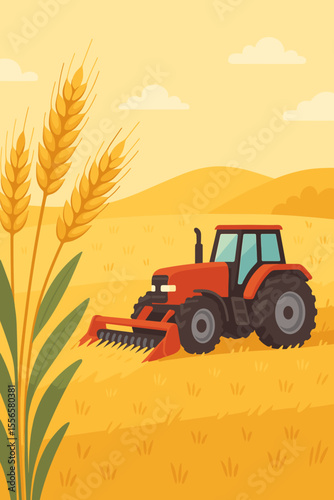 Modern flat vector illustration of red tractor harvesting ripe wheat in golden field, closeup of grain ears, agricultural machinery, rural landscape, farming, cereal crops, countryside concept