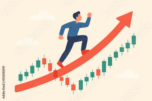 Motivated businessman climbing upward arrow on candlestick stock chart. Success, financial growth, investment, goal achievement, bullish market, progress, motivation, career advancement concept