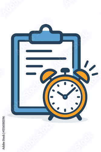 Time Management Schedule Icon. Clipboard with Alarm Clock. Deadline Reminder. Task Planning. Event Organizer. Express Document Processing. Productivity Concept. Flat Vector Illustration Isolated