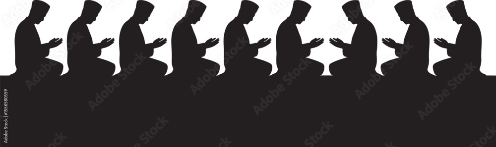 Black Silhouettes Eight Men Kneeling Praying Religious Ceremony Islamic Culture Faith Spiritual Practice Black Silhouettes Eight Men Kneeling Praying Religious Ceremony Islamic Culture Faith Spiritual Practice