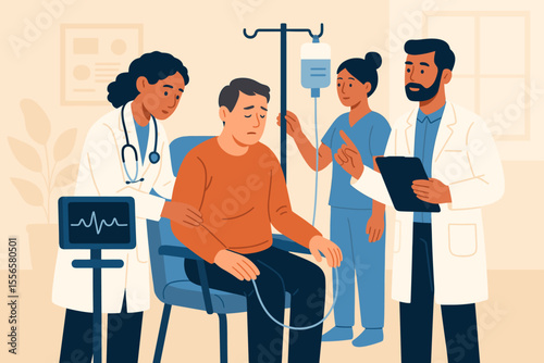Medical examination in hospital. Doctor checks patient blood pressure. Nurse records results. Routine health checkup, patient care, healthcare teamwork, clinical visit, diagnosis, treatment concept