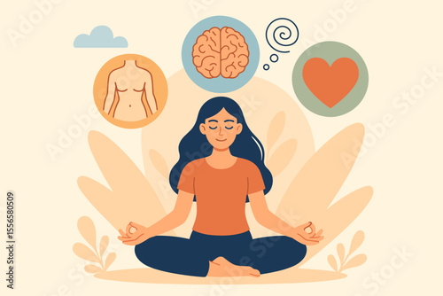 Meditation and Yoga Benefits Vector Illustration. Woman Practicing Mindfulness for Mental Health, Emotional Balance, Stress Relief, Cognitive Wellness. Modern Flat Design for Wellness Concepts