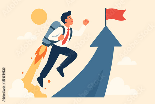 Ambitious businessman with jetpack flying upward towards goal flag, career success, motivation, personal growth, achievement, leadership, opportunity, innovation, modern flat vector illustration