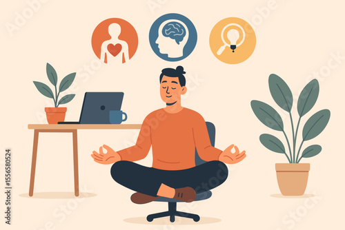 Office Meditation Vector Illustration for Stress Relief, Mindfulness at Work, Mental Health, Emotional Balance, Productivity, Idea Generation, Workplace Wellness, Modern Flat Design