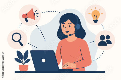 Remote Work Collaboration Concept. Online Assistant at Laptop with Headset. Virtual Team Communication, Idea Generation, Network Promotion, Business Solutions, Digital Manager Workspace Illustration