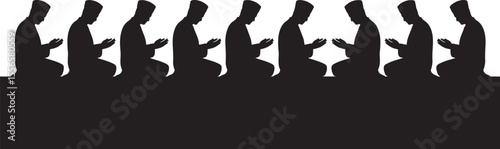 Black Silhouettes Eight Men Kneeling Praying Religious Ceremony Islamic Culture Faith Spiritual Practice