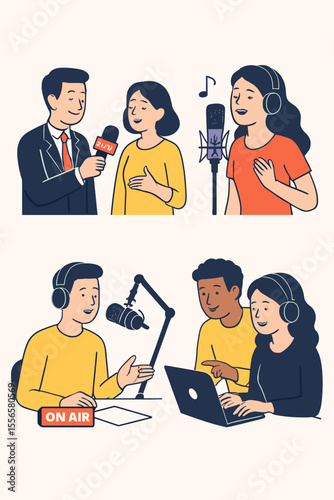 Radio Broadcasting Teamwork Vector Illustration. News Interview, Podcast Recording, Music Performance, Voice Acting, Sound Engineering, On Air Studio Collaboration, Modern Flat Cartoon Design