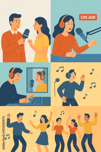 Radio broadcasting studio concept. Interview, podcast recording, voice acting, sound engineering, teamwork, live on air, music performance, group of people dancing, enjoying music, celebration