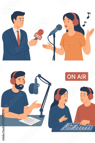 Radio broadcasting teamwork vector illustration. News interview, podcast recording, music performance, voice acting, audio production, sound engineering, modern studio, microphone, headphones