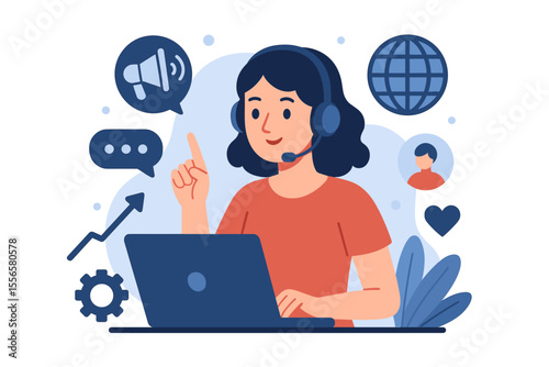 Online Customer Support Assistant Working Remotely with Headset and Laptop, Digital Communication, Network Promotion, Virtual Help Desk, Modern Flat Cartoon Vector Illustration