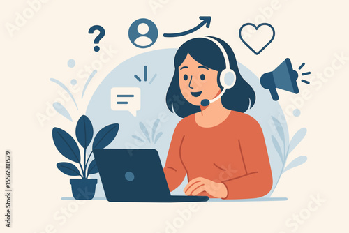 Customer support representative online service. Female call center agent with headset at laptop. Remote help desk, client communication, digital assistant, technical support, customer care concept