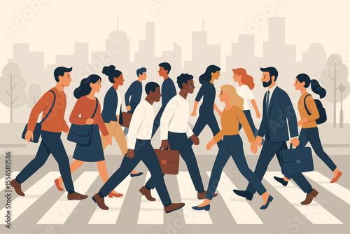 Urban crosswalk scene with diverse business people and pedestrians rushing across city street, modern flat vector illustration, teamwork, commuting, morning rush hour, cityscape background