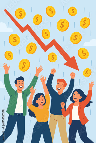People Celebrating Falling Prices and Money Rain, Financial Success, Big Discounts, Economic Growth, Happy Crowd, Profitable Investment, Winning Lottery, Modern Flat Vector Illustration