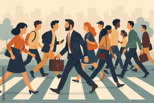 Urban city crowd crossing street at crosswalk, diverse business people and pedestrians walking in rush hour, modern flat vector illustration, daily commute, teamwork, city life, office workers
