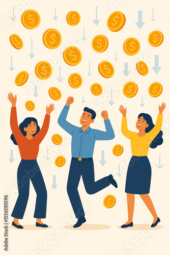 Happy people celebrating falling coins, financial success, lottery win, big discounts, jackpot, cash prize, business achievement, wealth, prosperity, lucky opportunity, modern flat vector