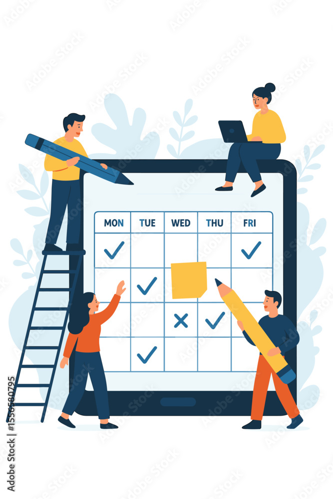 Obraz premium Teamwork scheduling tasks online. Tiny people plan weekly agenda on digital calendar tablet. Business time management, project organization, daily planner, teamwork, deadline, productivity concept