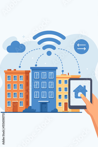Smart Home Automation Concept Vector. Wi-Fi Internet Connectivity, Data Transfer, Wireless Communication, Remote Apartment Building Control via Tablet, Modern Urban Technology, Cloud Network