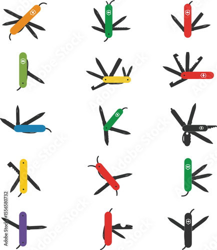 Dynamic vector illustration featuring a vibrant assortment of multi-tool pocket knives, commonly known as Swiss Army knives, perfect for camping, survival, and handyman projects.