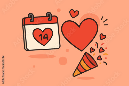 Valentine’s Day Celebration Vector. Calendar Marked February 14, Big Red Heart, Party Confetti, Love Symbols. Modern Flat Cartoon Illustration for Romantic Holiday, Event, Festive Greeting Design