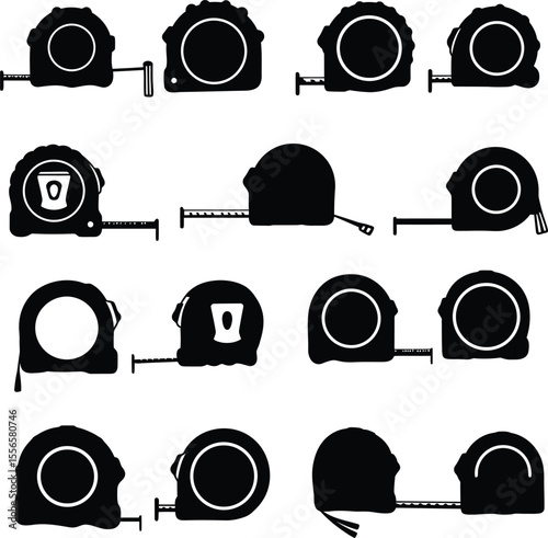 Comprehensive vector illustration showcasing a diverse collection of tape measure silhouettes, ideal for construction, carpentry, DIY, and measurement-related design projects.