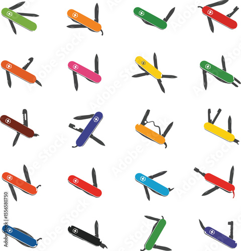 Dynamic vector illustration featuring a vibrant assortment of multi-tool pocket knives, commonly known as Swiss Army knives, perfect for camping, survival, and handyman projects.