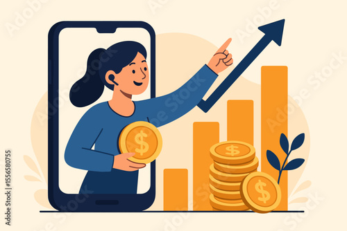 Virtual Business Assistant on Mobile Device Managing Investment Growth, Financial Success, Money Management, Digital Banking, Increasing Profits, Modern Flat Vector Illustration Concept