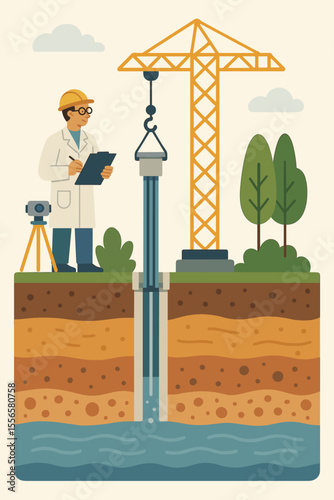 Groundwater extraction system vector illustration. Geological survey, soil cross section, drilling rig, water well construction, underground aquifer, hydrogeology, environmental engineering concept
