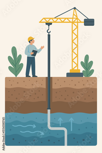 Groundwater Extraction System Vector Illustration. Geologist Engineer Supervises Well Drilling, Soil Layers Cross Section, Water Flow, Construction Crane, Underground Pipe, Environmental Study Concept