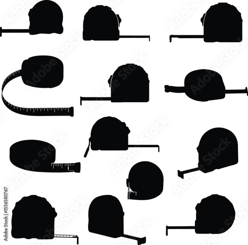 Comprehensive vector illustration showcasing a diverse collection of tape measure silhouettes, ideal for construction, carpentry, DIY, and measurement-related design projects.