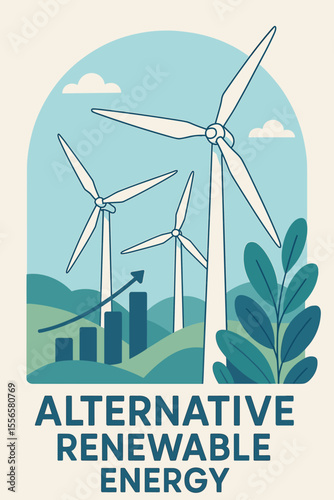 Wind Energy Renewable Power Generation Vector Illustration. Modern Wind Turbines, Clean Technology, Sustainable Environmental Resource, Growth Chart, Alternative Eco-Friendly Electricity Concept