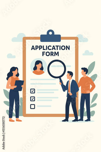 Job Application Form Vector Illustration. Recruitment Agency Concept. People Reviewing Resume. Employment Selection Process. Human Resources Team. Modern Flat Design. Candidate Evaluation