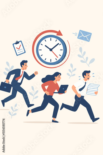 Business Team Rushing to Meet Deadlines, Time Management, Urgency, Productivity, Office Workers Running with Documents, Clock, Fast Response, Stress, Workplace Efficiency, Modern Flat Vector