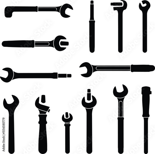 Extensive vector illustration showcasing a diverse collection of wrench and spanner silhouettes, including adjustable and specialized types, ideal for automotive, construction, and mechanical projects