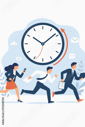 Business People Rushing Against Time, Deadline Pressure, Office Workers Running, Time Management, Urgency, Productivity, Quick Response, Overworked Employees, Corporate Stress, Modern Flat Vector