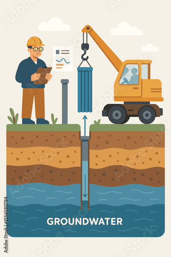 Groundwater Extraction Process Vector Illustration. Geological Survey, Soil Layers Cross Section, Water Well Drilling, Pipe Installation, Construction Site, Engineer, Modern Flat Design