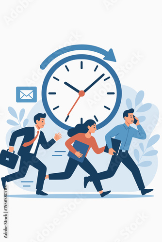 Business people rushing against time management deadline. Office workers hurry, multitask, race clock. Urgent work, stress, productivity, efficiency, quick response, modern flat vector illustration