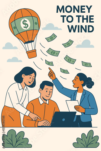 Business Teamwork Losing Money Concept. Hot Air Balloon Carries Away Cash. Financial Loss, Bad Investment, Wasted Budget, Money to the Wind. Modern Flat Office Vector Illustration, Collaboration