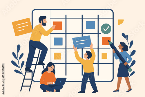 Teamwork project management concept. Business people planning schedule, organizing tasks, workflow collaboration, deadline tracking, team communication, flat vector illustration, office productivity